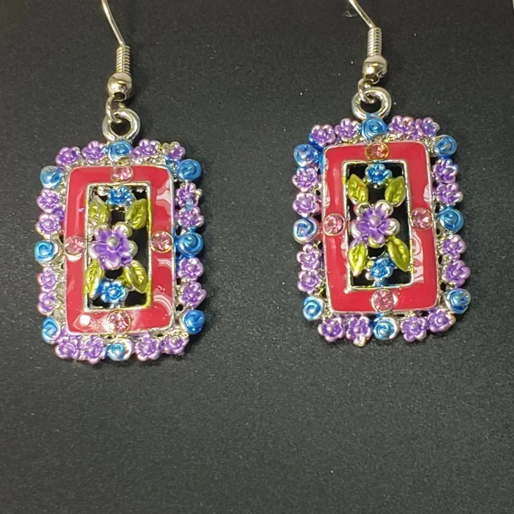 Red - Crystal Floral Drop Earrings – Silver-Tone Statement Jewelry 2-inch - Picture 5 of 7